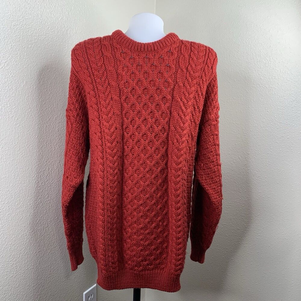 Carraig Donn Unisex Wool Sweater Sz L Ireland Irish Cable Knit Fisherman Red